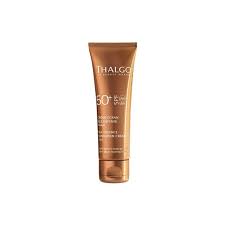 thalgo-produkt-SPF50 Braune Tube Sonnenschutzcreme SPF 50 von Thalgo vor weißem Hintergrund. Ideal für empfindliche Haut.