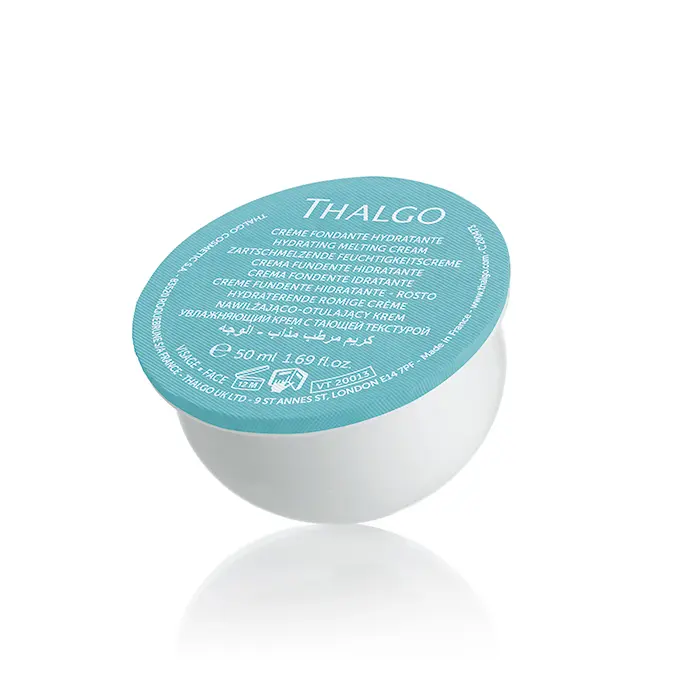ezuli-produkt-thalgo-zartschmelzende-feuchtigkeitscreme-refill Cremebehälter von Thalgo, 50 ml, hydratisierende schmelzende Gesichtscreme in türkisfarbener Verpackung.