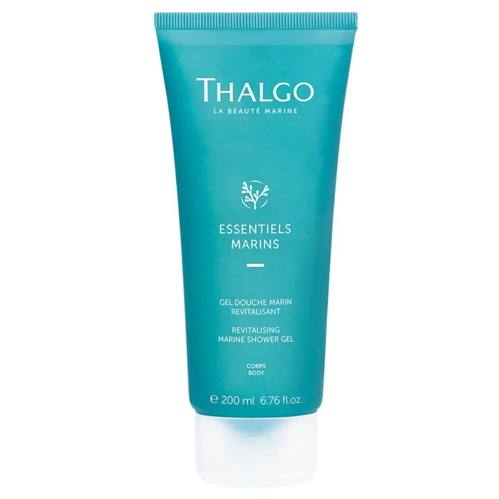 ezuli-thalgo-Meeres-Duschgel-200ml Thalgo Duschgel Essentiels Marins, 200 ml Tube, revitalisierend, Körperpflege, maritimer Duft, blaues Design.