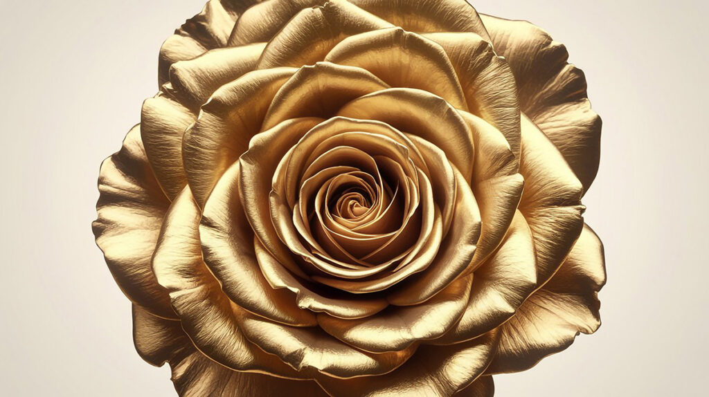 Goldene Rose in voller Blüte, Detailaufnahme der Blütenblätter, strahlt Eleganz und Luxus aus.