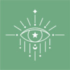 Abstraktes Auge-Design mit Stern und Mond, geometrische Elemente auf grünem Hintergrund. Mystisches Symbolbild.