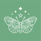 Weiße Schmetterlingsillustration mit Sternen auf grünem Hintergrund, minimalistisches Design.